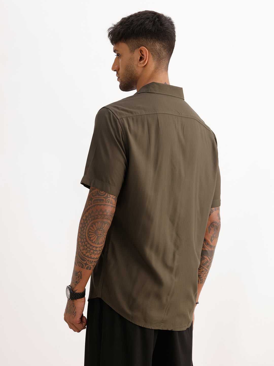 Solid Slim Fit Half Sleeve Shirt | Olive