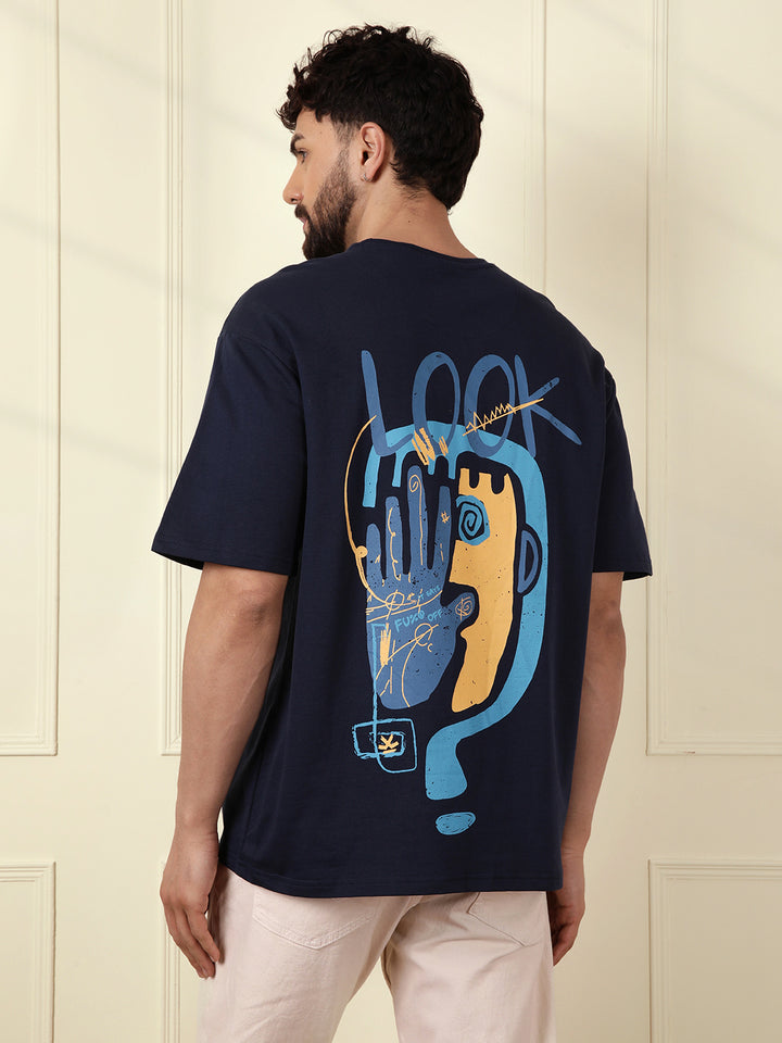 Heavy GSM Printed Faces T-Shirt | Navy Blue
