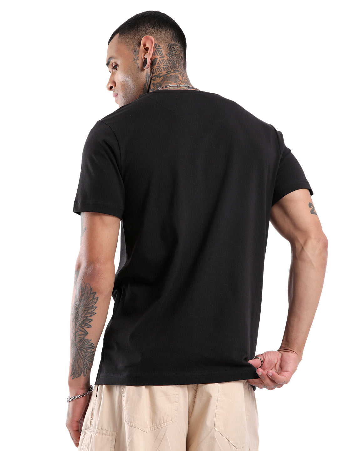 Black Chest Print Crew Neck T-Shirt