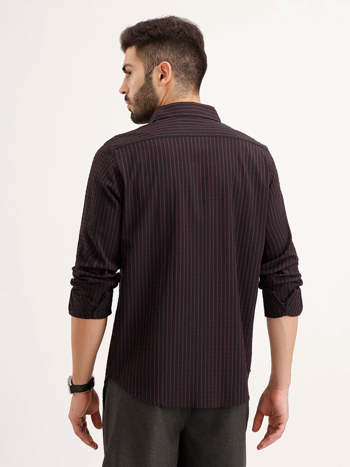 Textured Slim Fit Striped Shirt | Black