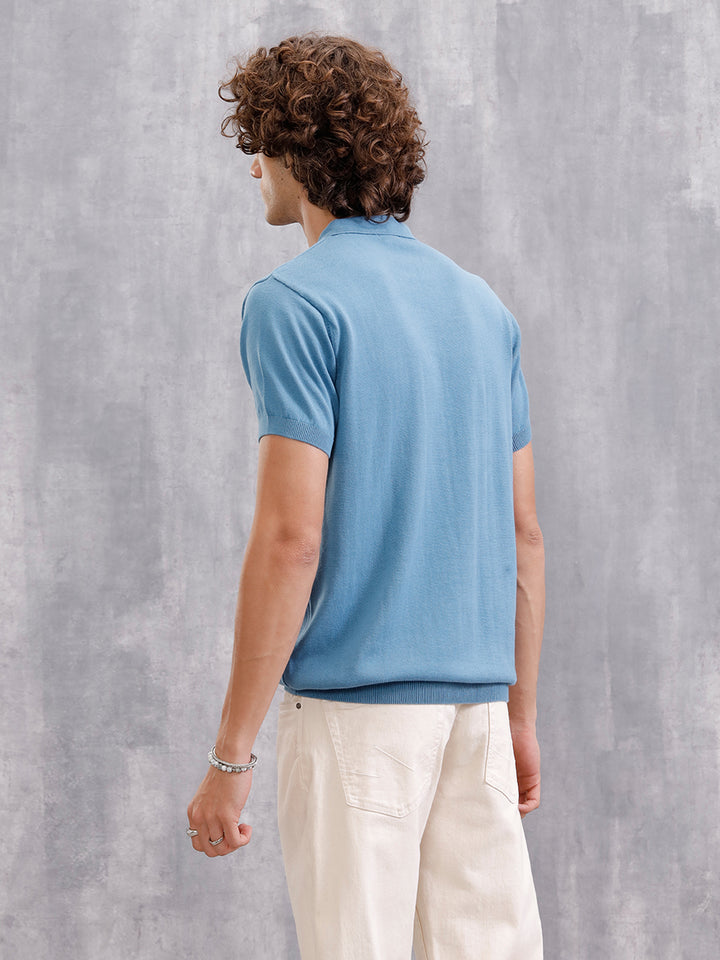 Premium Flat Knit Slim Fit Polo T-Shirt | Blue