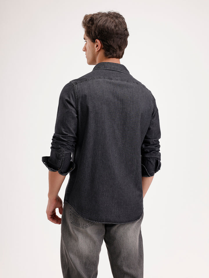 Slim Fit Faded Denim Shirt  | Black