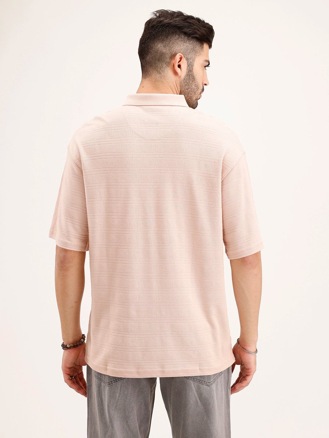 Textured Oversized Polo T-Shirt | Pink