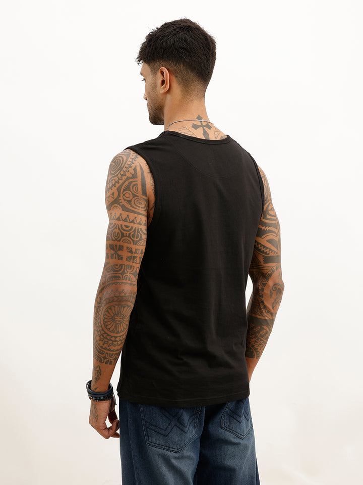 Placement Printed Cut Off Sleeve T-Shirt | Black