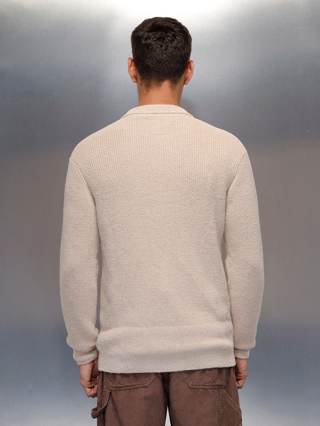 Textured Knit Button-Down Sweater  | Beige