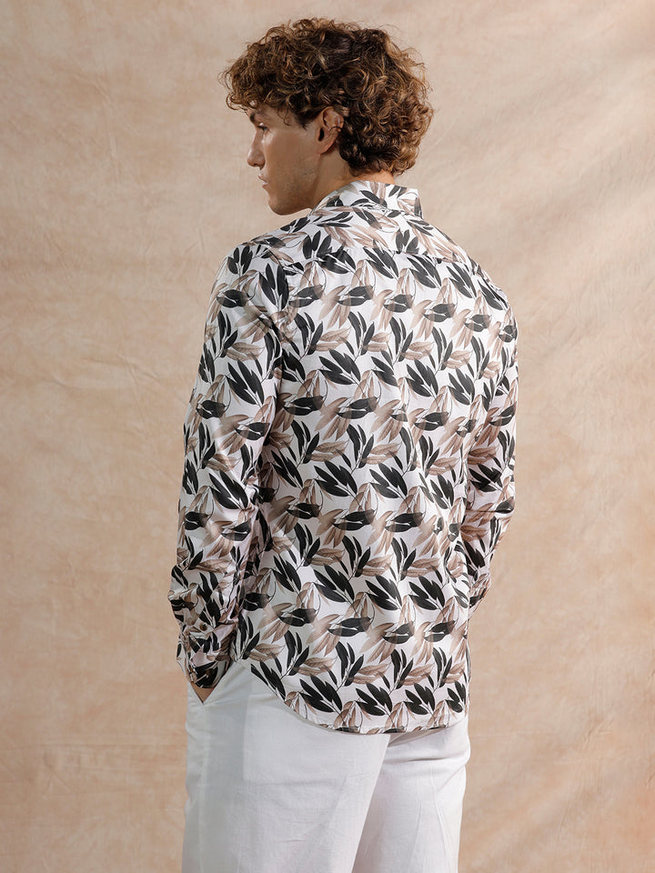 Printed Satin Slim Fit Shirt | Off White