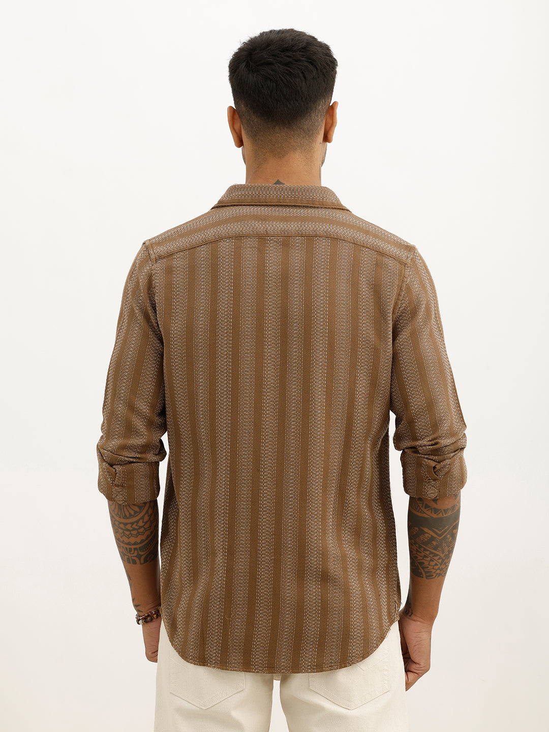 Classic Slim Fit Textured Stripe Shirt | Brown