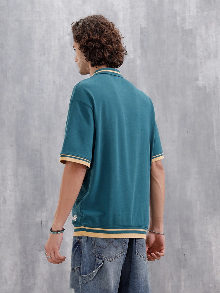 Oversized Polo T-Shirt With Contrast Trim Details | Teal