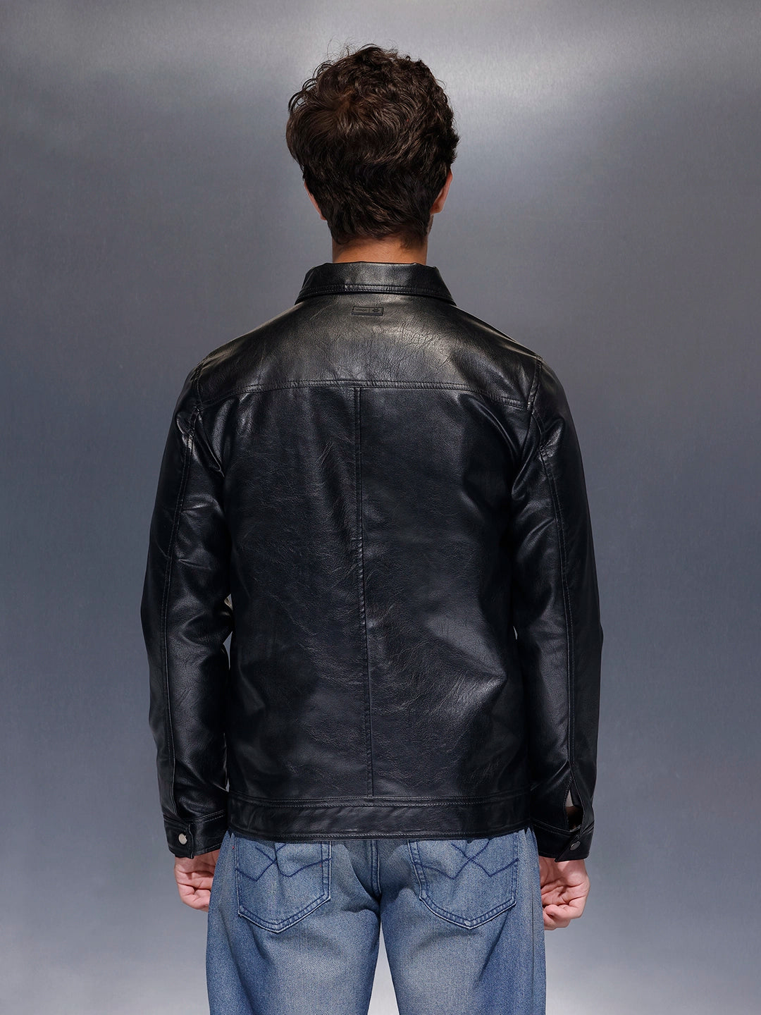 Men's Slim Fit PU Collared Jacket  |  Black