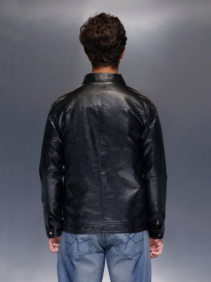 Men's Slim Fit PU Collared Jacket  |  Black