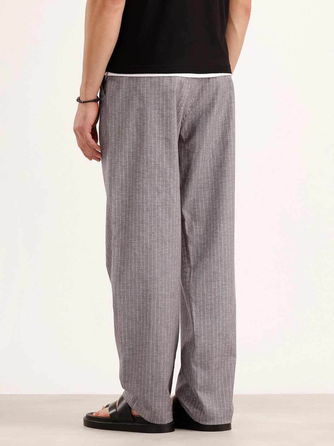 Loose Fit Linen Blend Striped Trouser | Grey