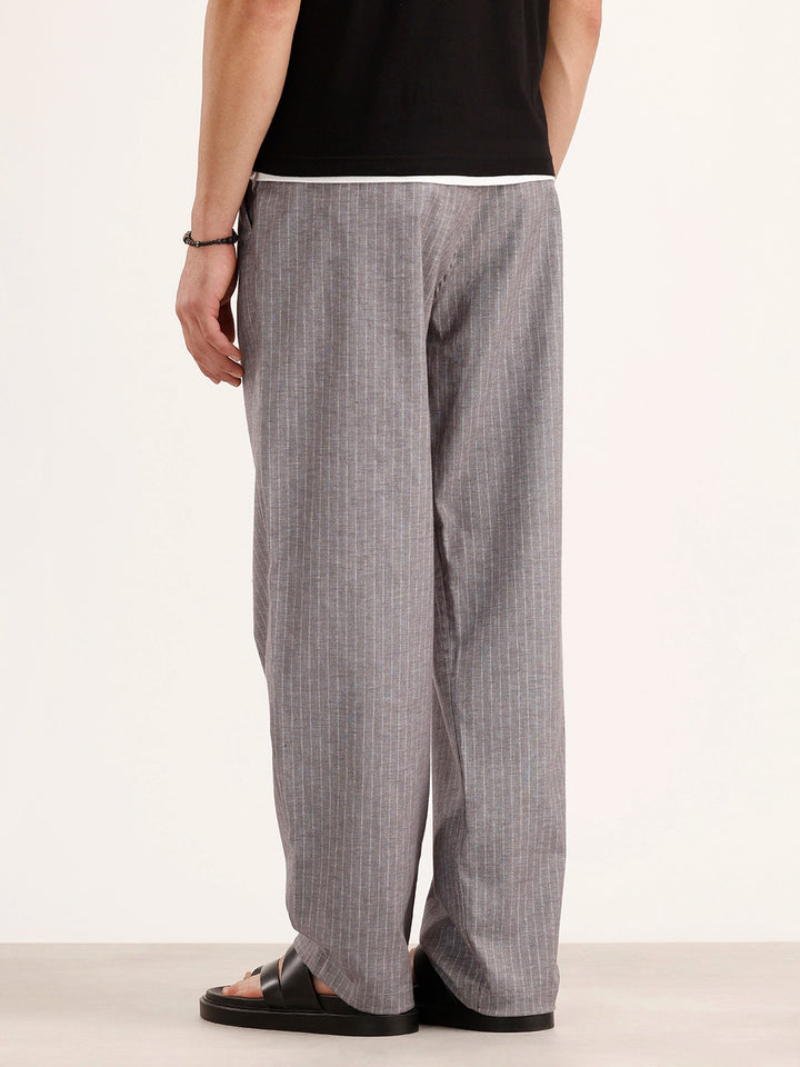 Loose Fit Linen Blend Striped Trouser | Grey