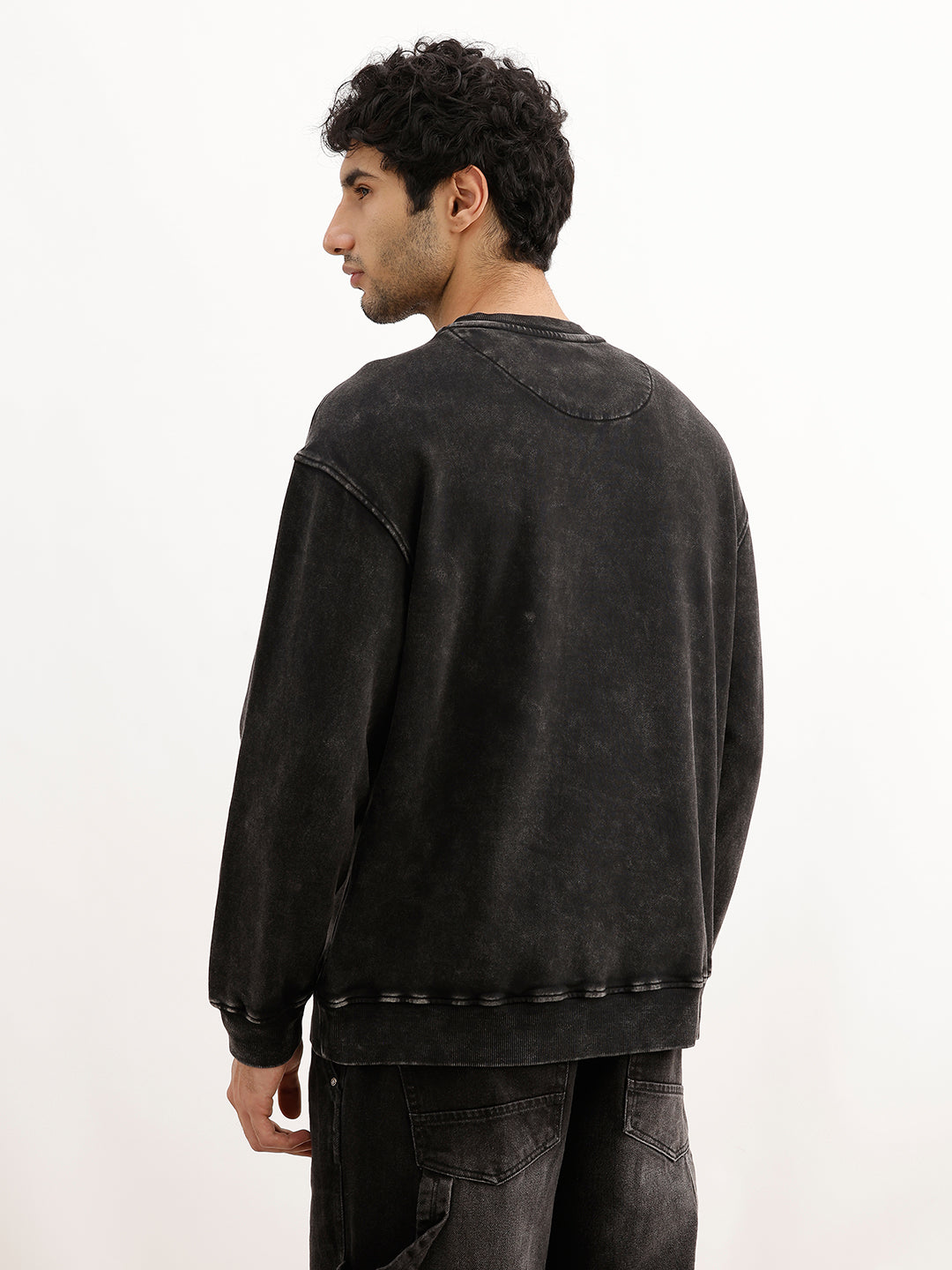 Washed Oversized Placement Printed Sweatshirt | Black