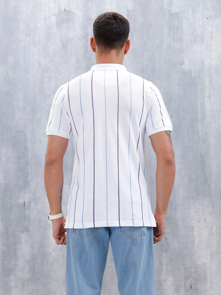 Men's Casual Regualr Fit Striped Pattern Polo T-Shirt | White