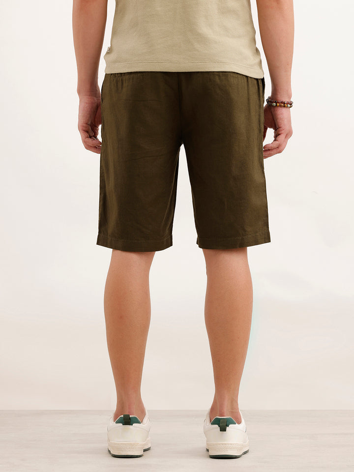 Slim Fit Linen Blend Shorts  | Olive