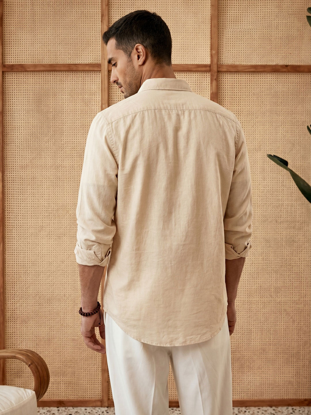 Solid Linen Blend Slim Fit Shirt | Beige