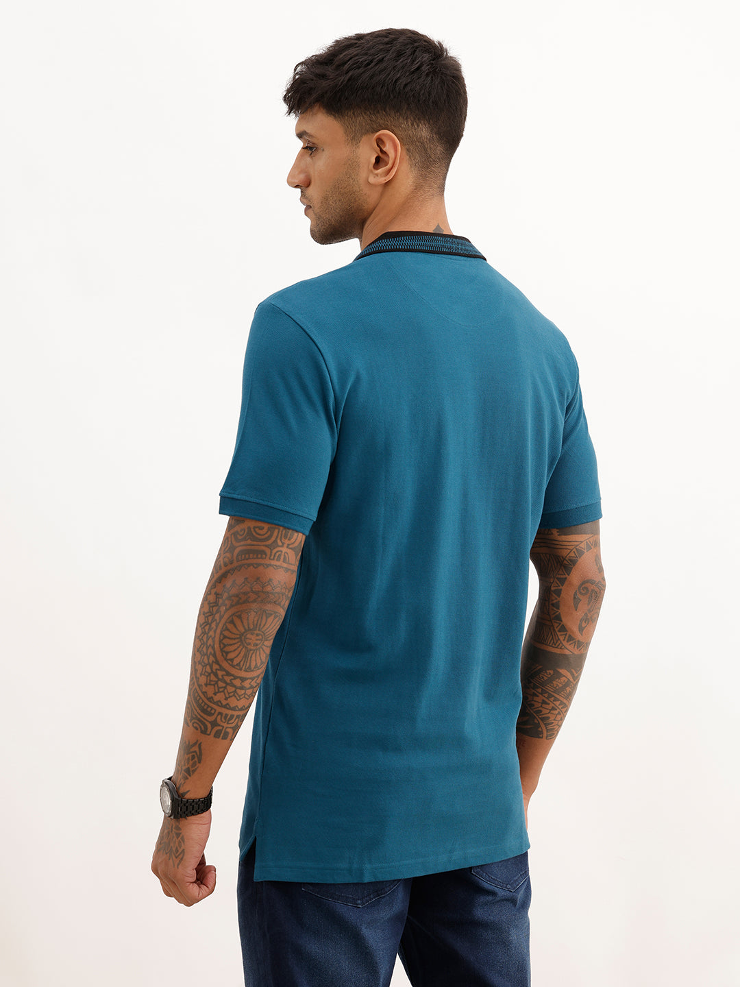 Solid Slim Fit Jacquard Collar Polo T-Shirt | Teal