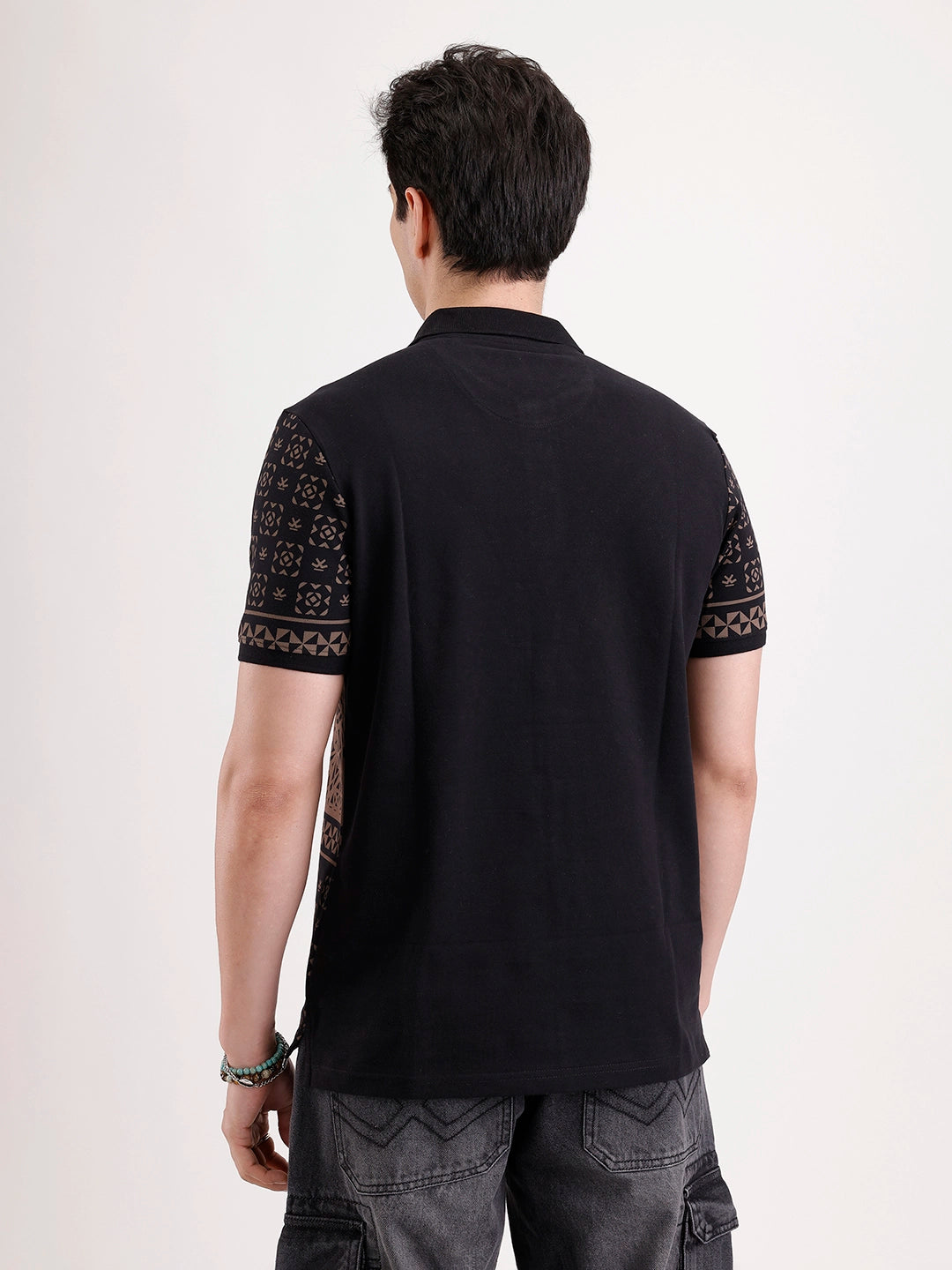 Slim Fit Pannel Printed Polo T-Shirt  | Black