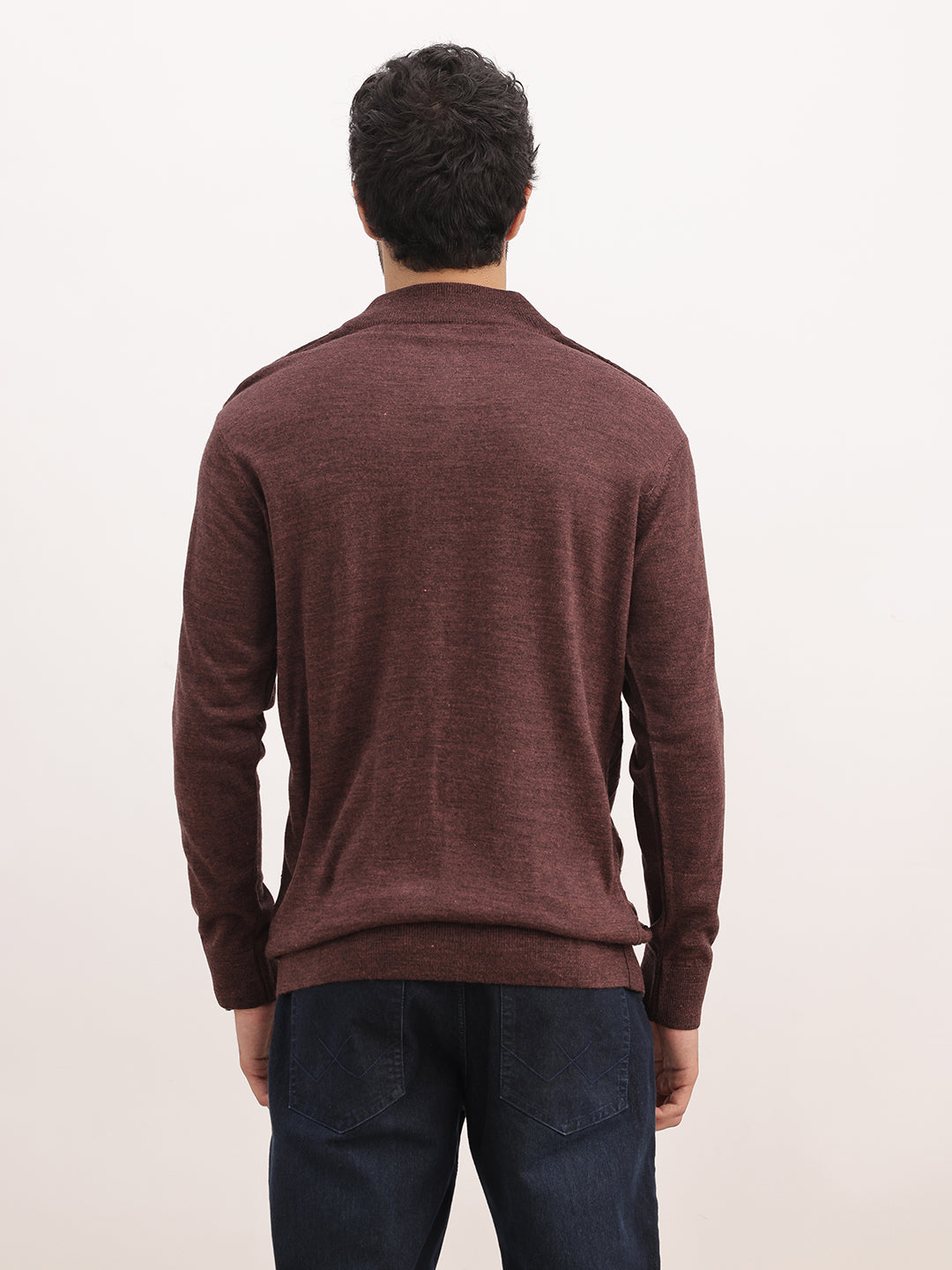 Solid Regular Fit Quater Zipper Textured Sweater | Brown