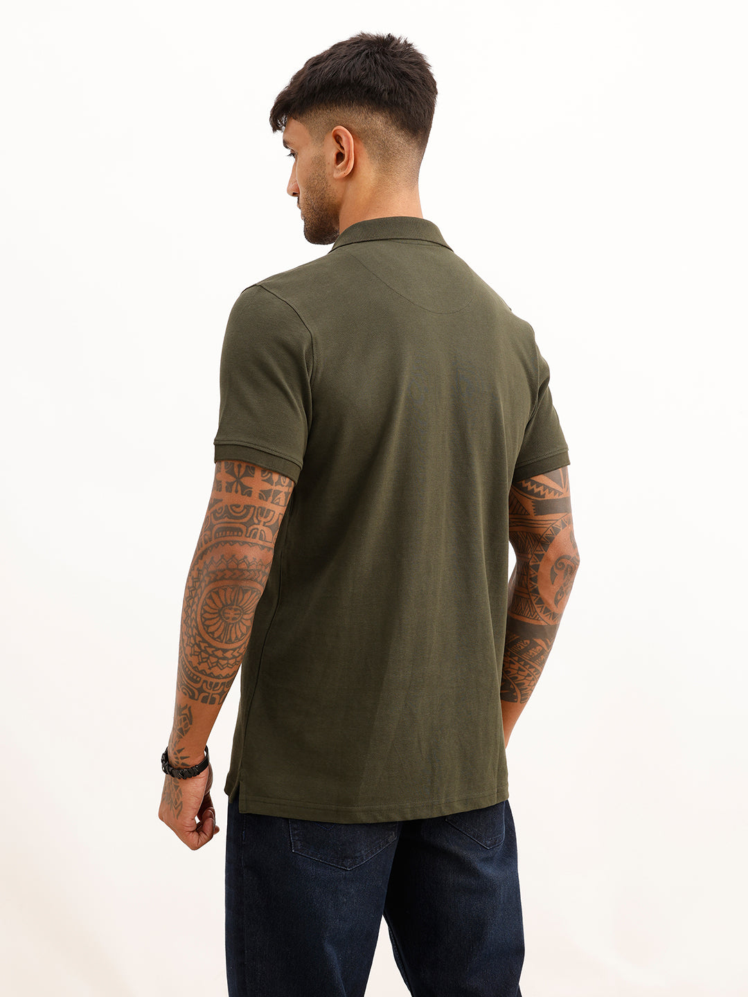 Solid Regular Fit Full Sleeve Polo T-Shirt | Olive
