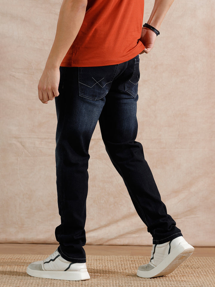 Solid Heavy Fade Slim Tapered Fit Jeans | Dark Blue