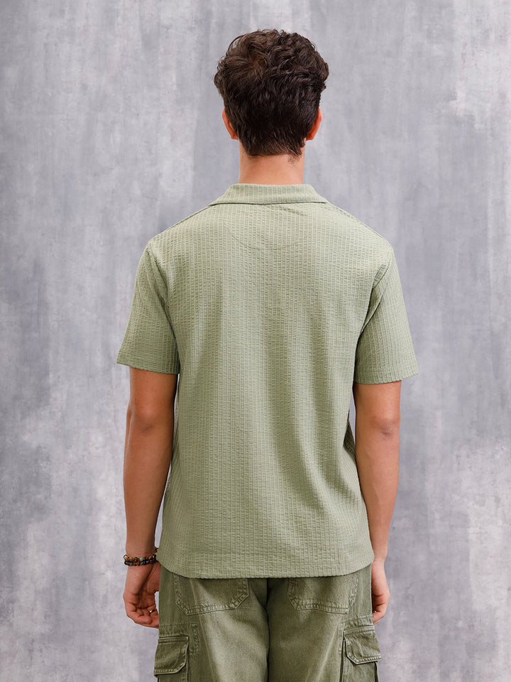 Resort Collar Textured Seersucker Fabric Polo T-Shirt | Green