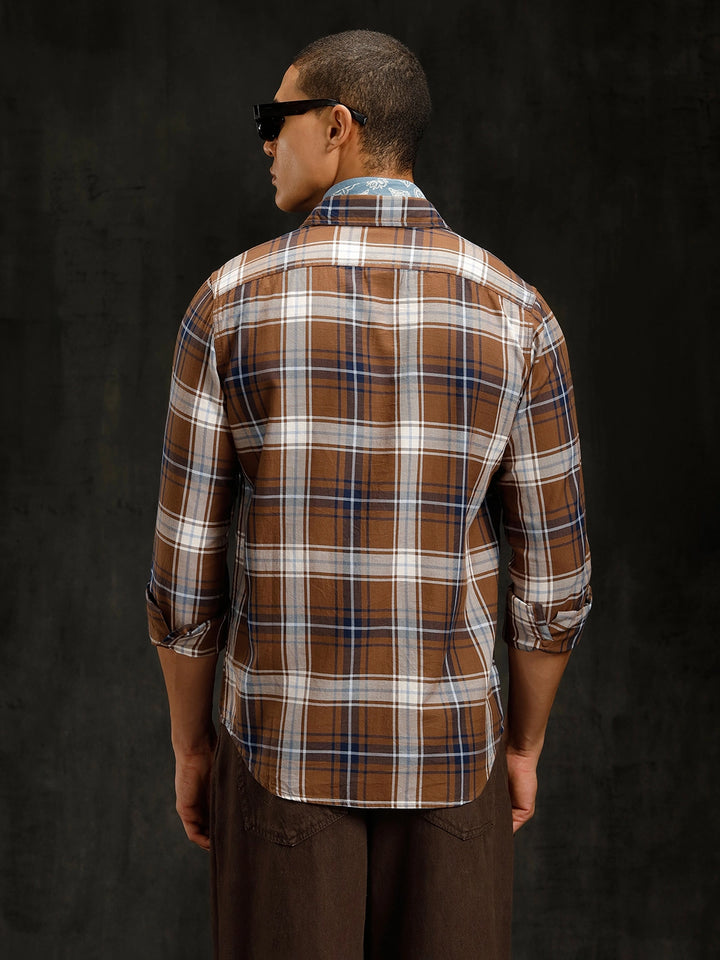 Cotton Twill Checked Shirt | Brown