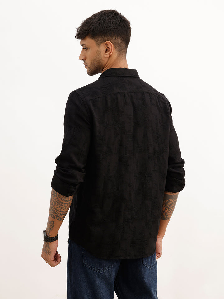 Solid Textured Slim Fit Full Sleeve Shirt | Black