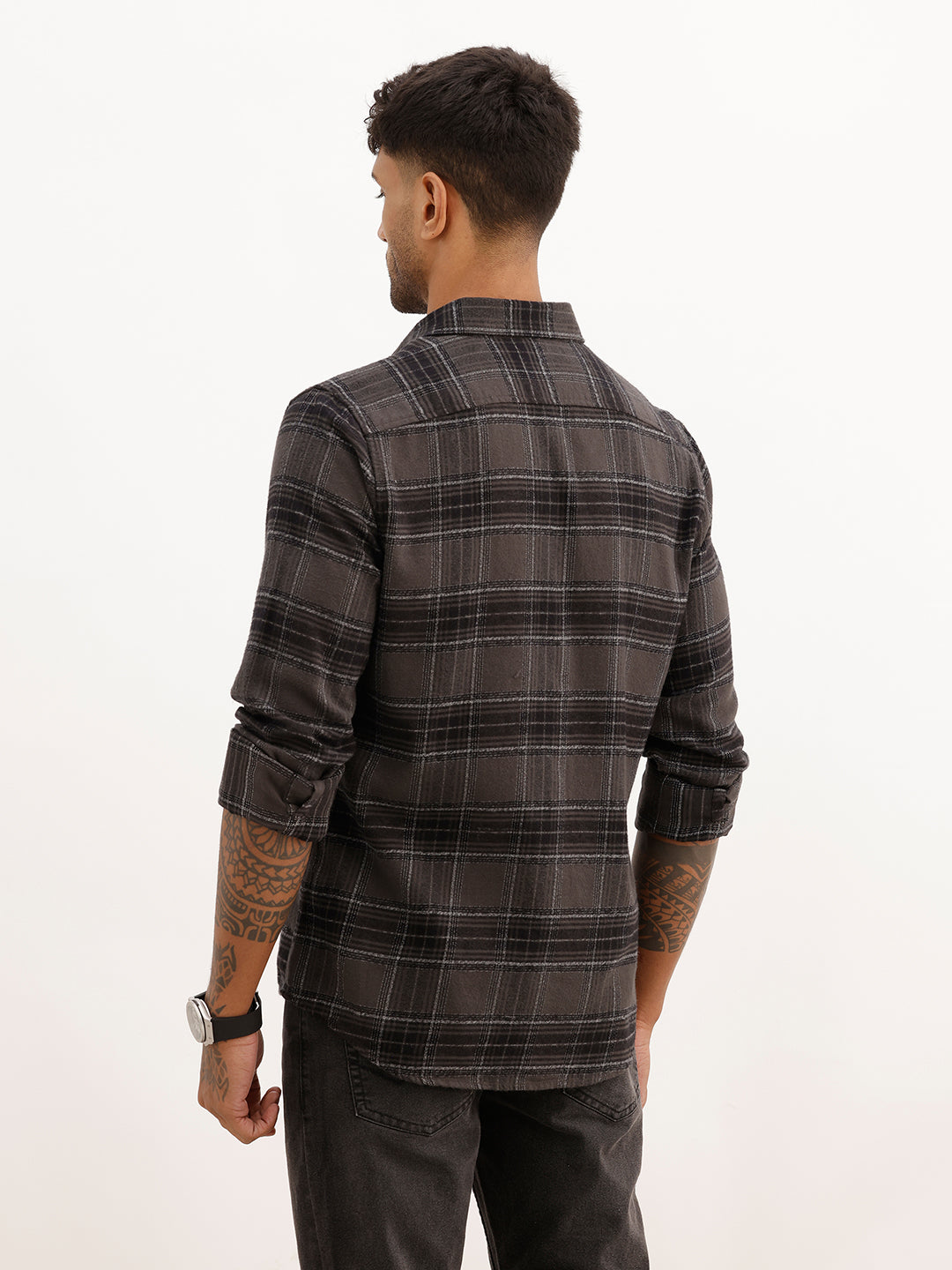 Slim Fit Full Sleeve Checkered Shirt | Dark Grey