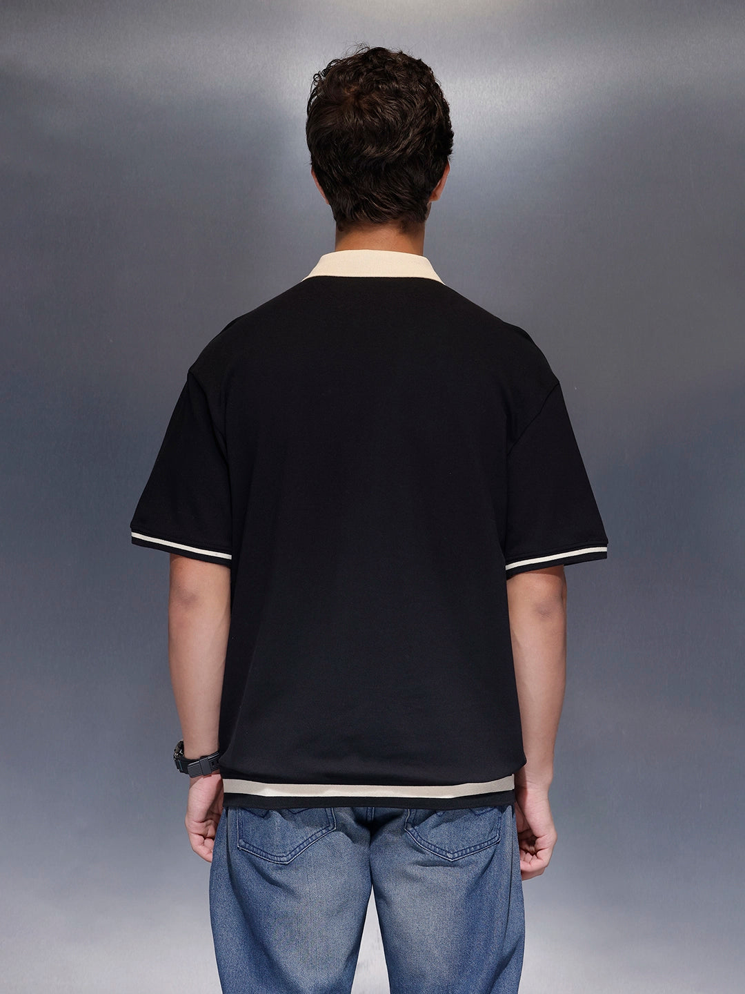 Men's Casual Oversized Contrast Detail Polo T-shirt  |  Black