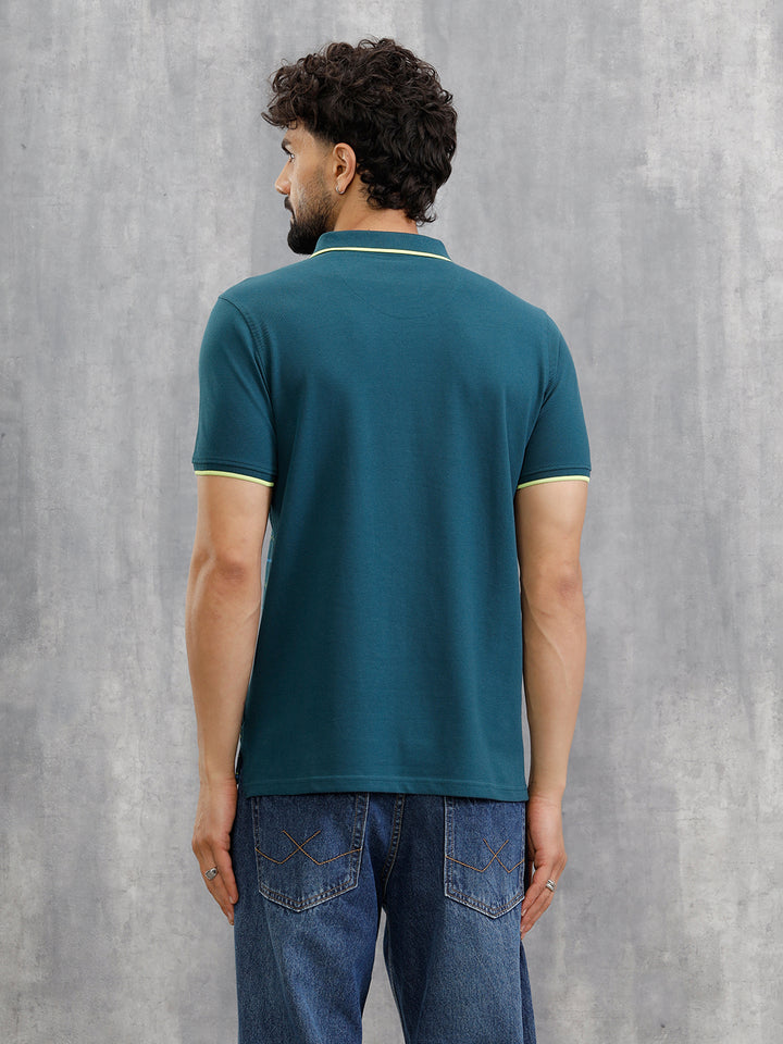 Embroidered Look Engineered Aop Polo T-Shirt  | Teal