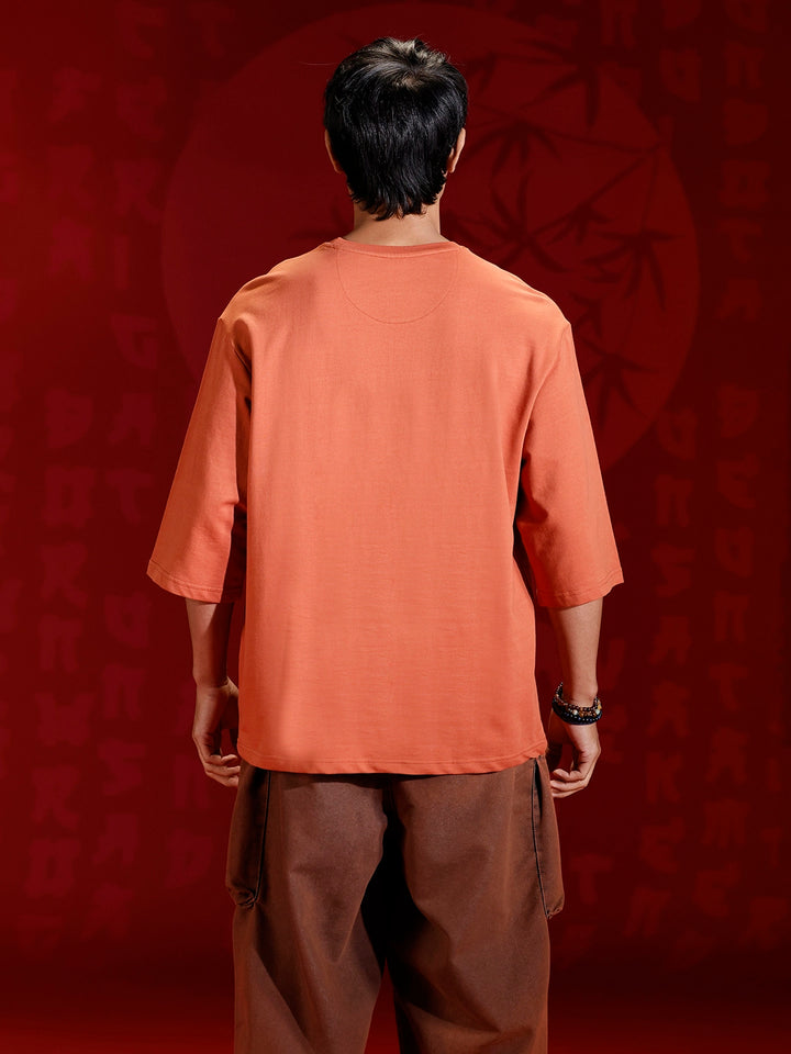 Men’s oversized 3/4 sleeve T-shirt with chest print & tonal stich detail | Rust