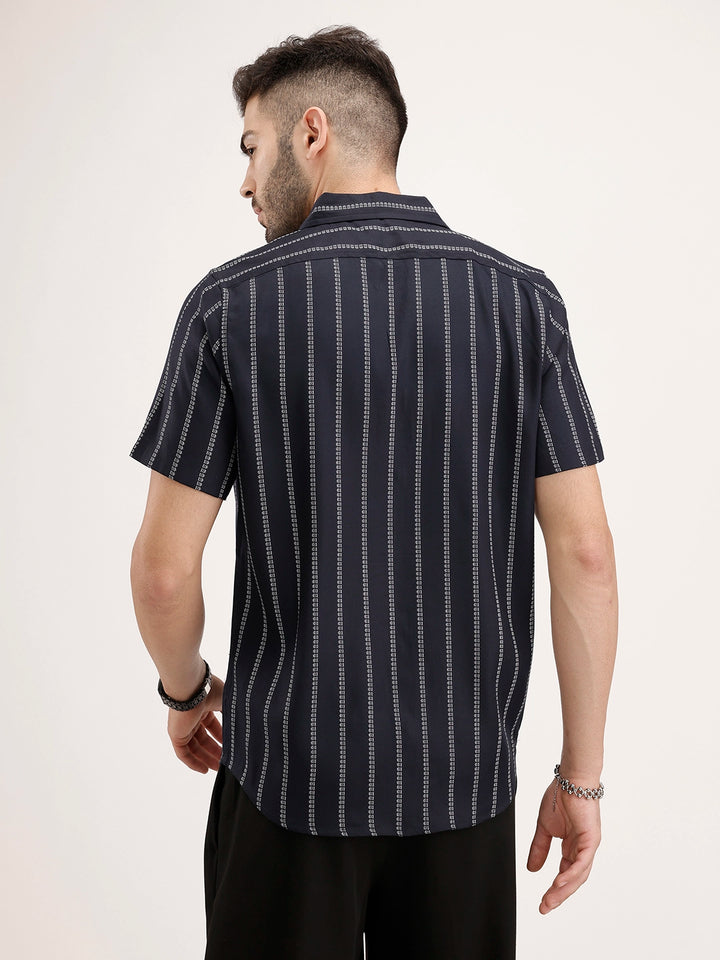 Slim Fit Half Sleeve Striped Shirt | Navy Blue