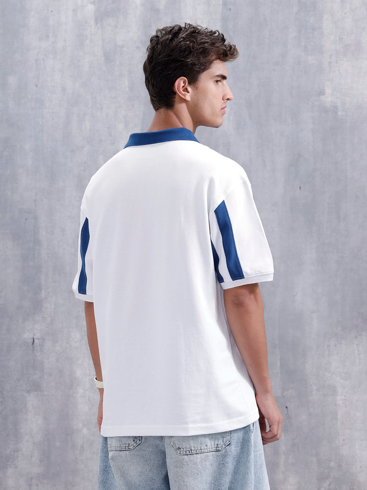 Oversized Johnny Collar Sporty Polo T-Shirt | White