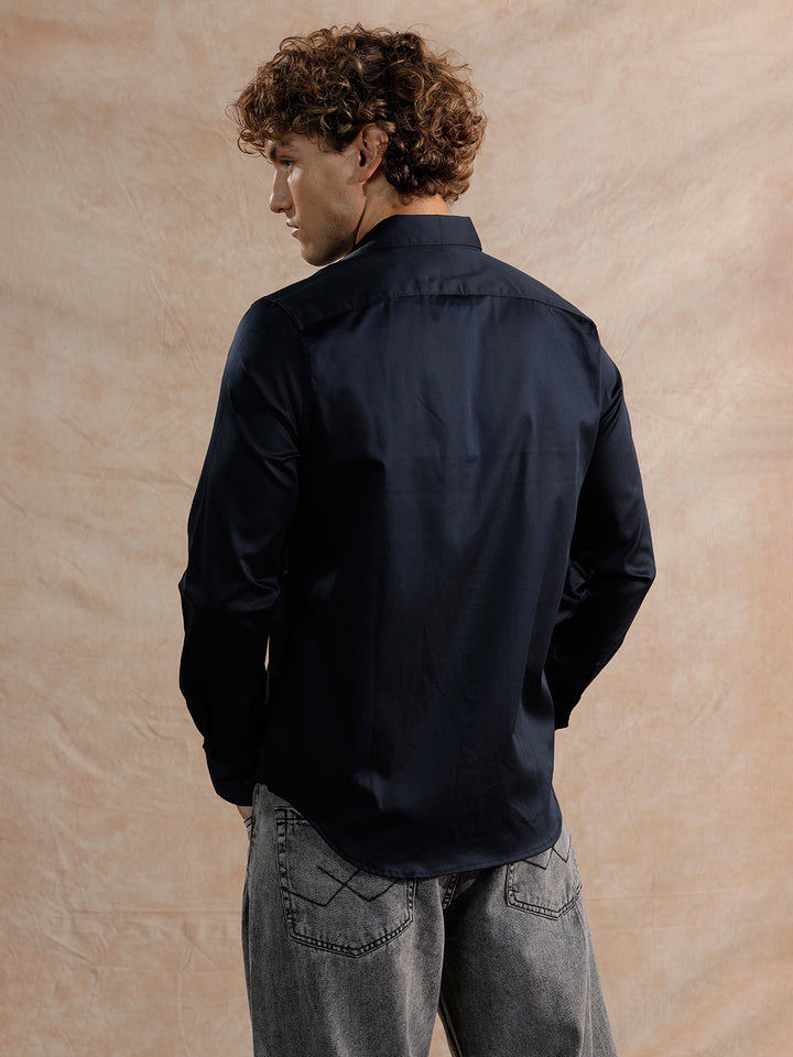 Solid Stretch Cotton Blend Shirt | Navy Blue