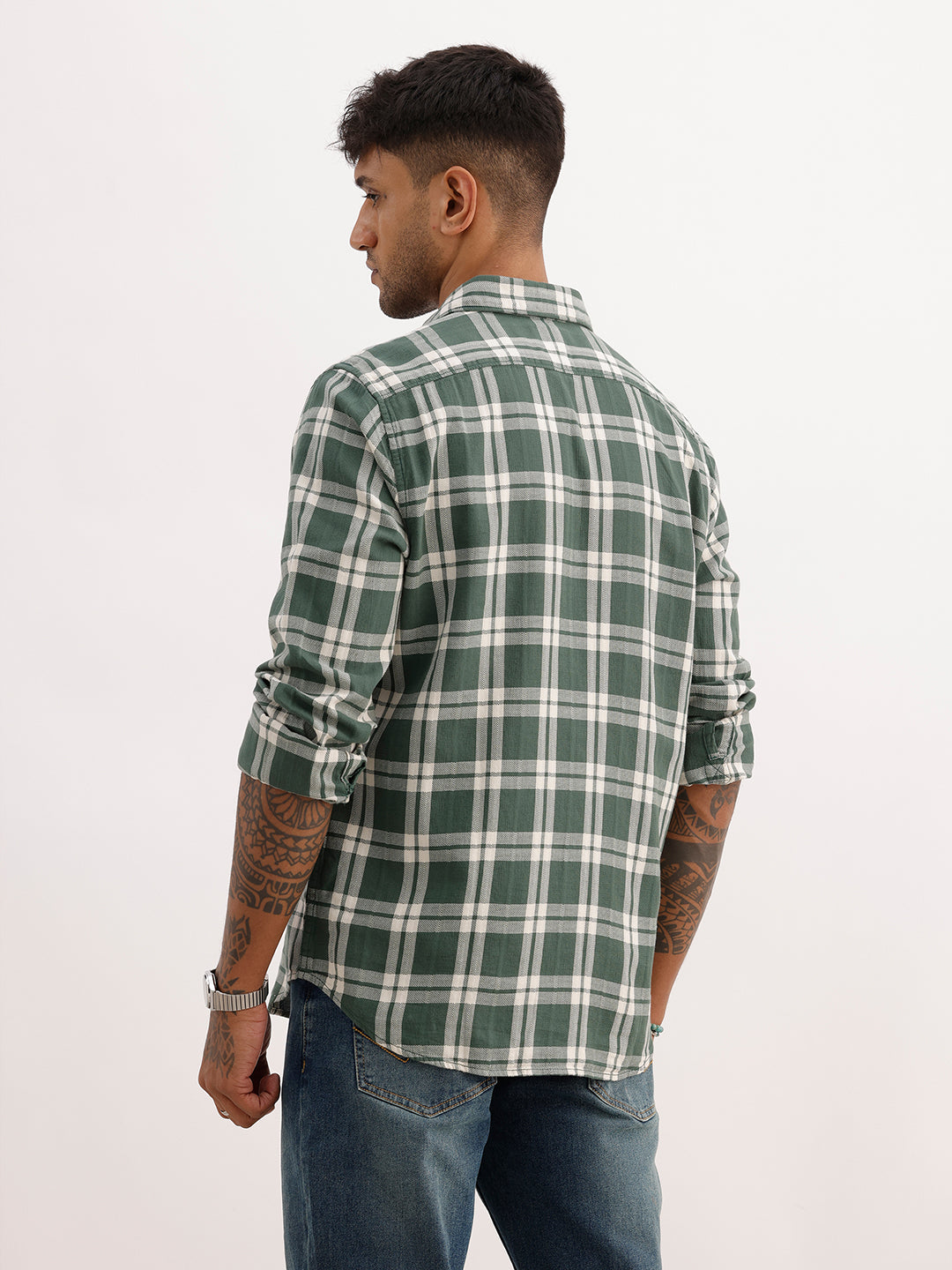 Regular Fit Checkered Full Sleeve Shirt | Dark Green