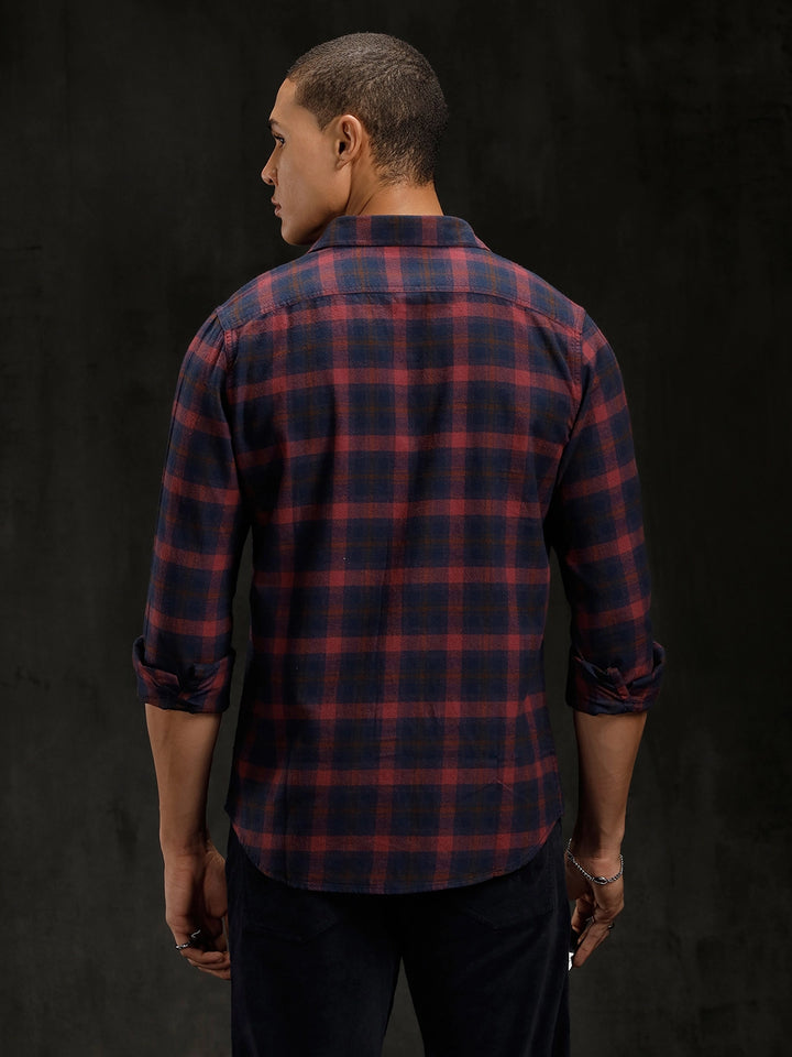 Checkered Cotton Twill Shirt | Maroon