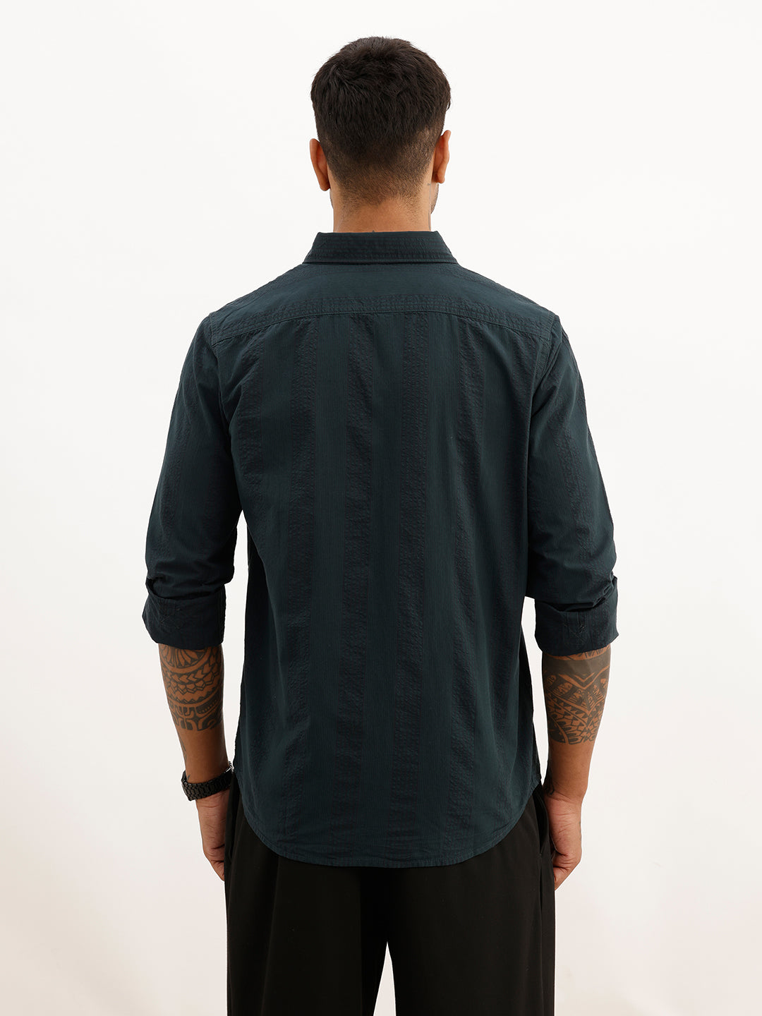 Slim Fit Textured Stripe Shirt | Dark Green