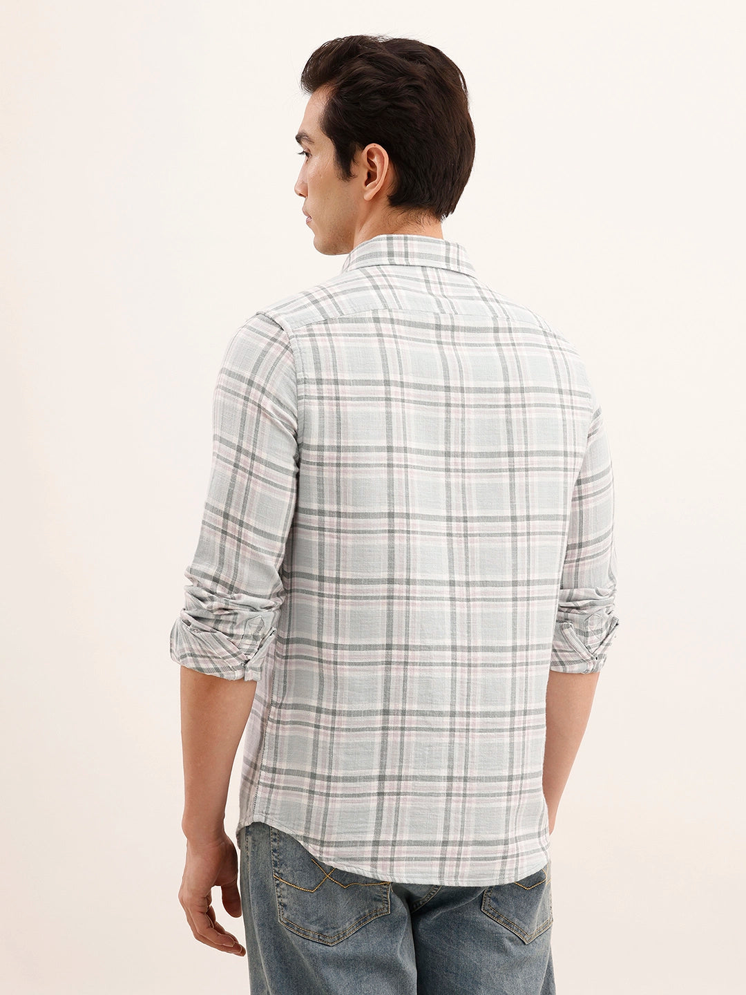 Regular Fit Checkered Double Pocket Shirt | Light Blue