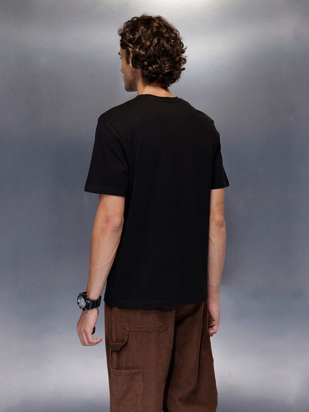 Men’s solid black slim fit printed t-shirt | Black