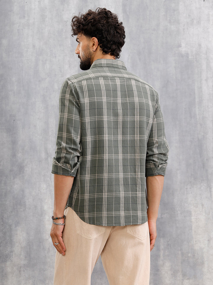 Dobby Textured Tonal Check Shirt In Slim Fit | Green