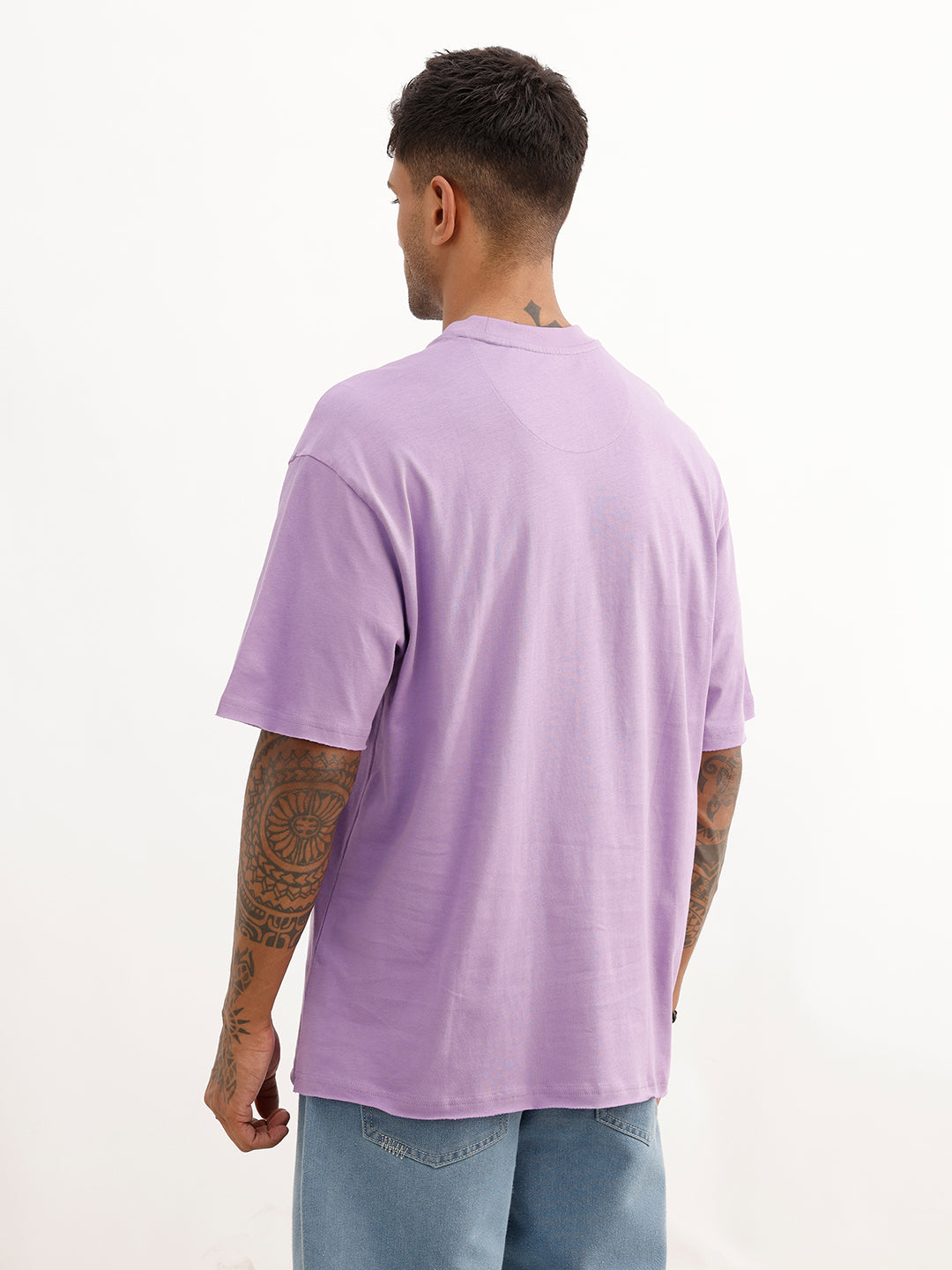 Oversized Placement Printed Raw Edge T-Shirt | Purple