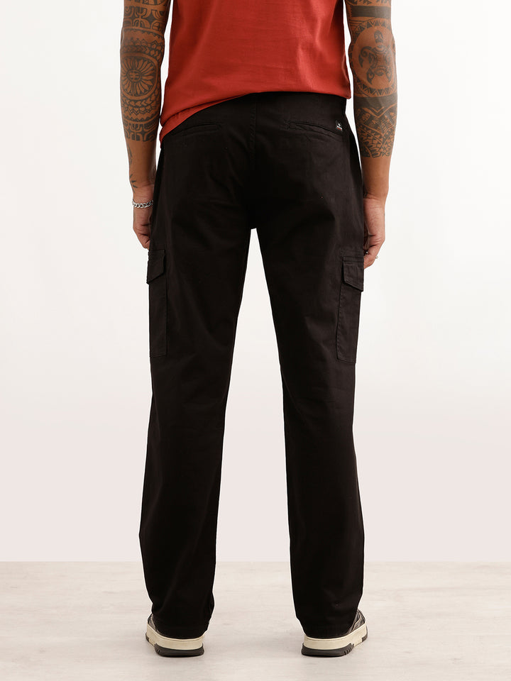 Solid Straight Fit Cargo Trouser | Black
