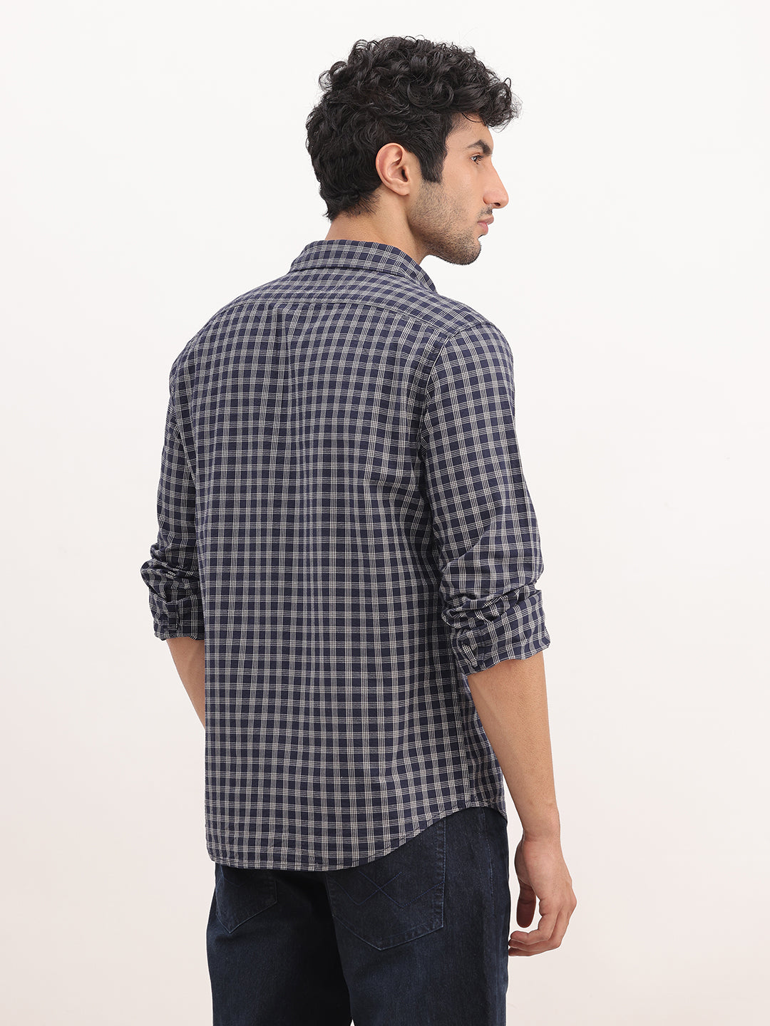 Slim Fit Checkered Full Sleeve Shirt | Navy Blue