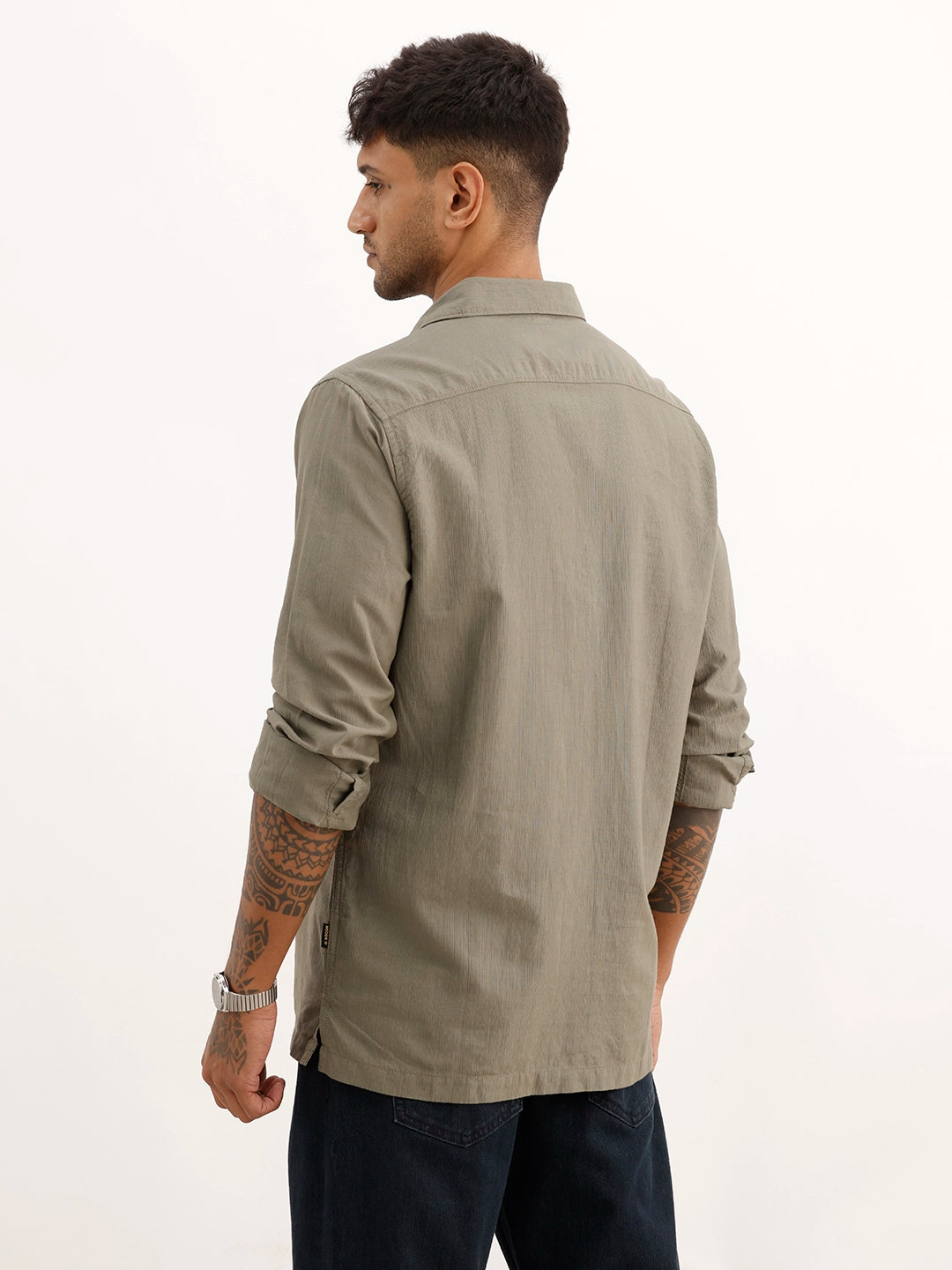 Textured Half Placket Full Sleeve Shirt | Olive