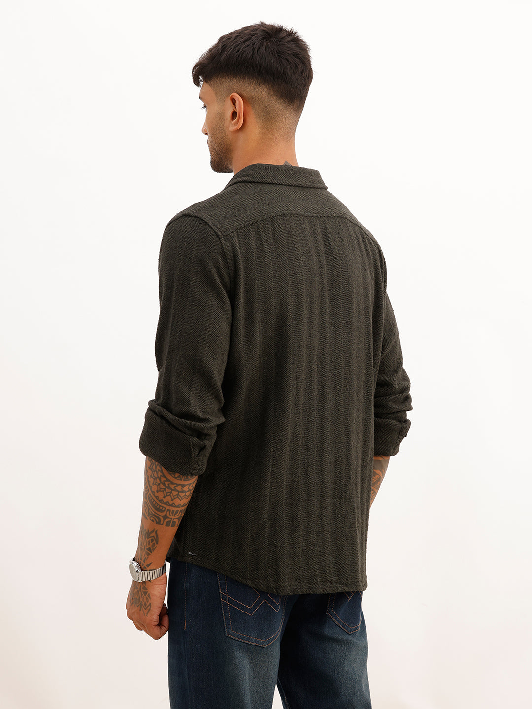 Slim Fit Textured Full Sleeve Shirt | Olive