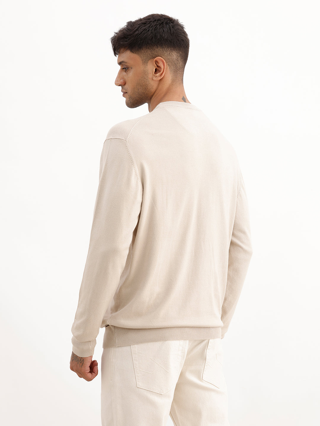 Solid Comfort Fit Full Sleeve Sweater | Beige