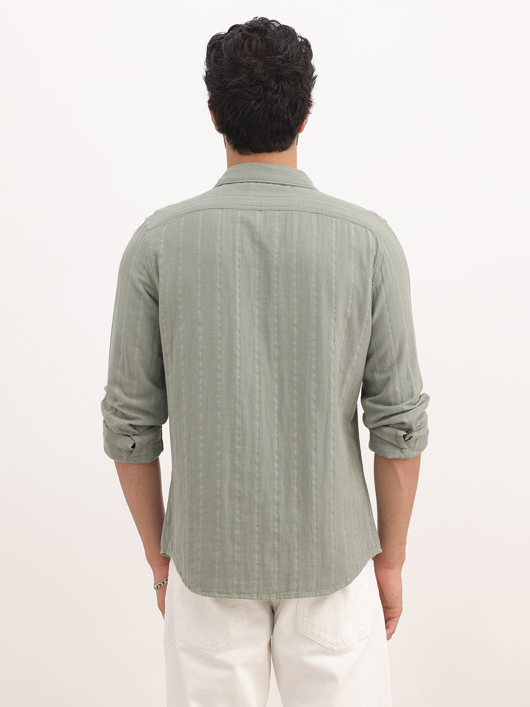 Slim Fit Textured Stripe Full Sleeve Shirt | Olive