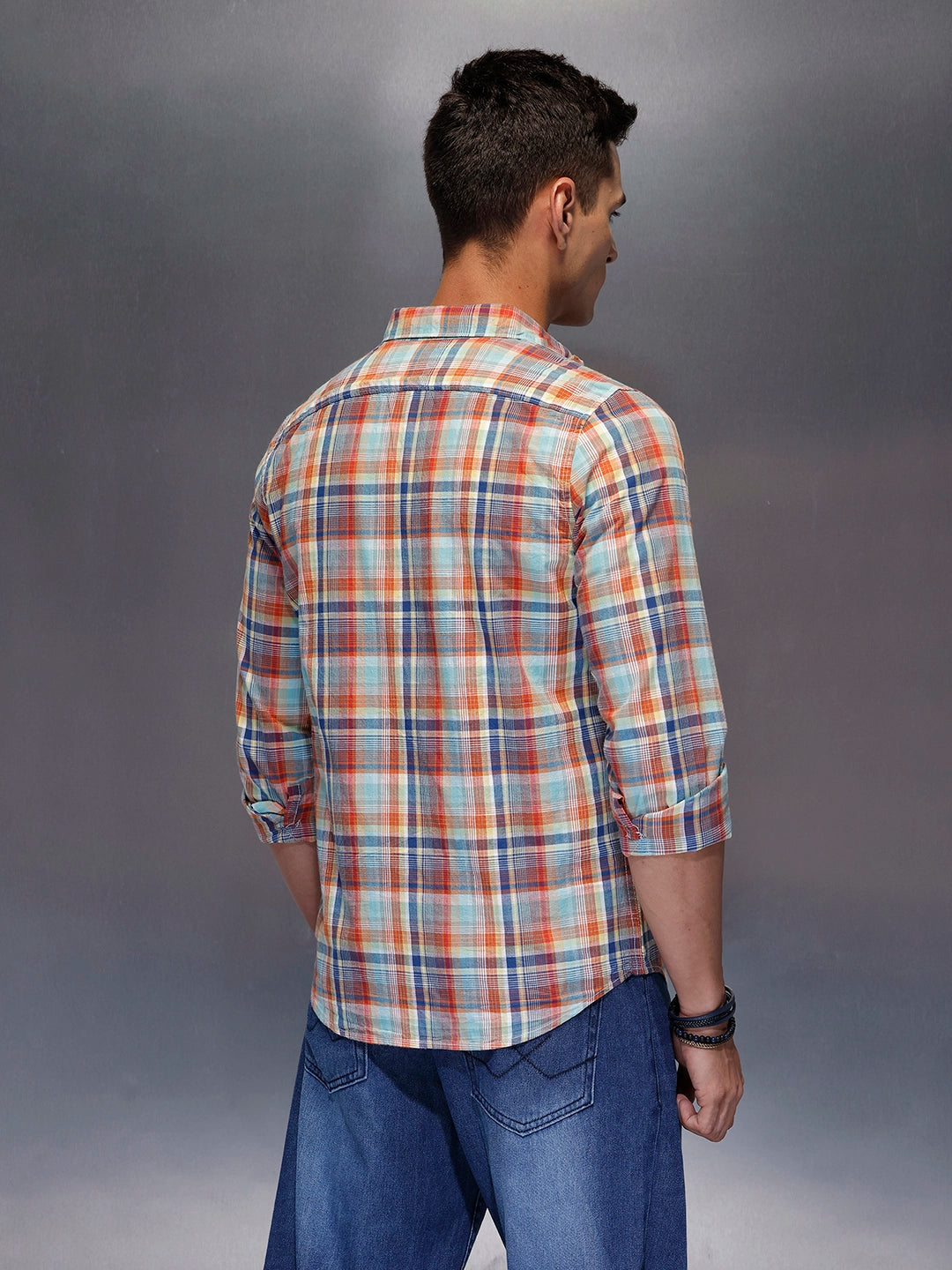 Men's slim fit checked shirt | Orange