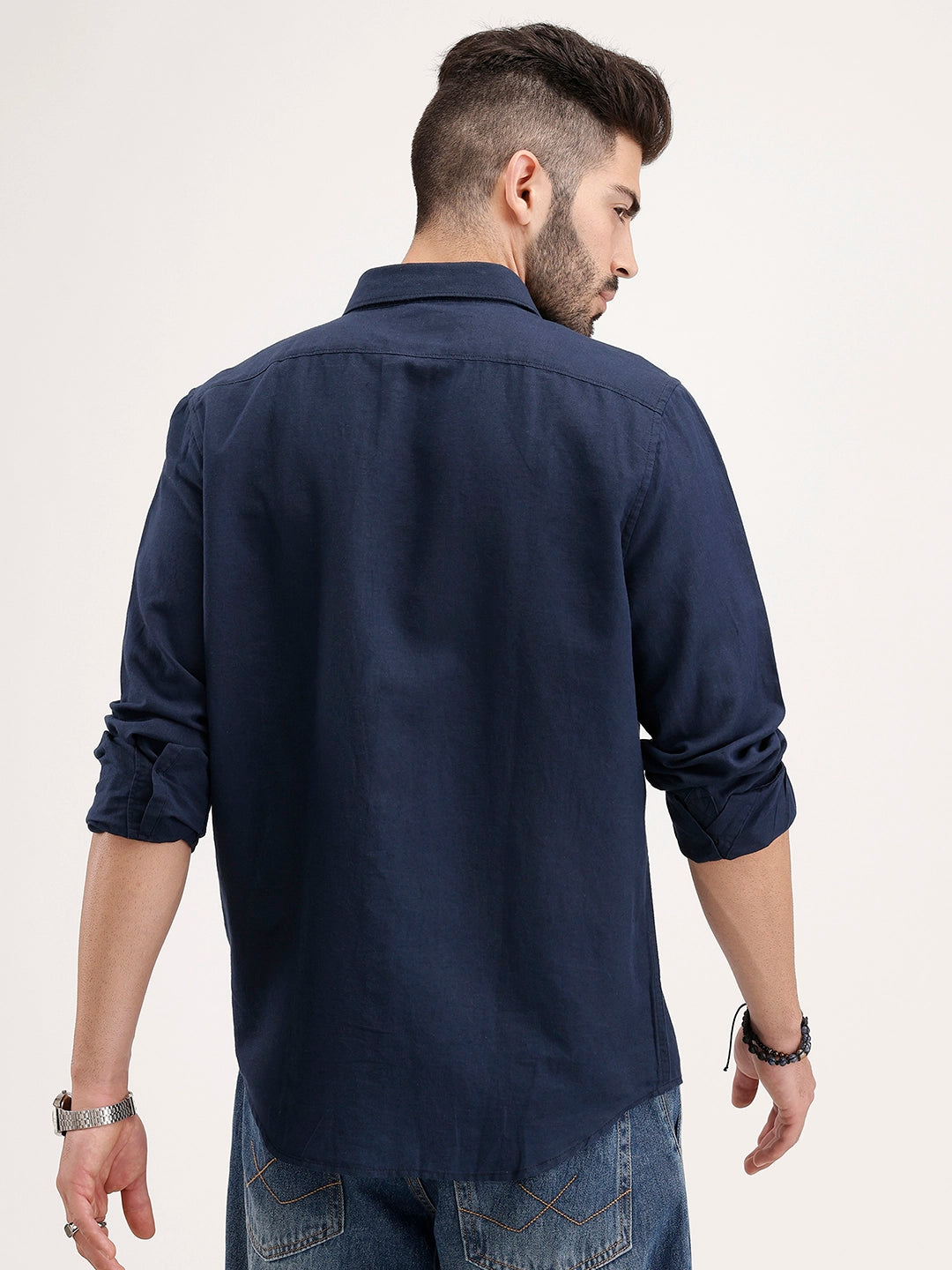 Solid Slim Fit Linen Blend Shirt | Navy